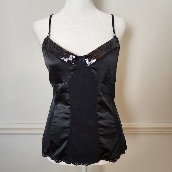 Vtg Y2K Express Cami Tank Top Large Corset Sequin Mesh Black Fairy Grunge Gothic - Picture 1 of 15